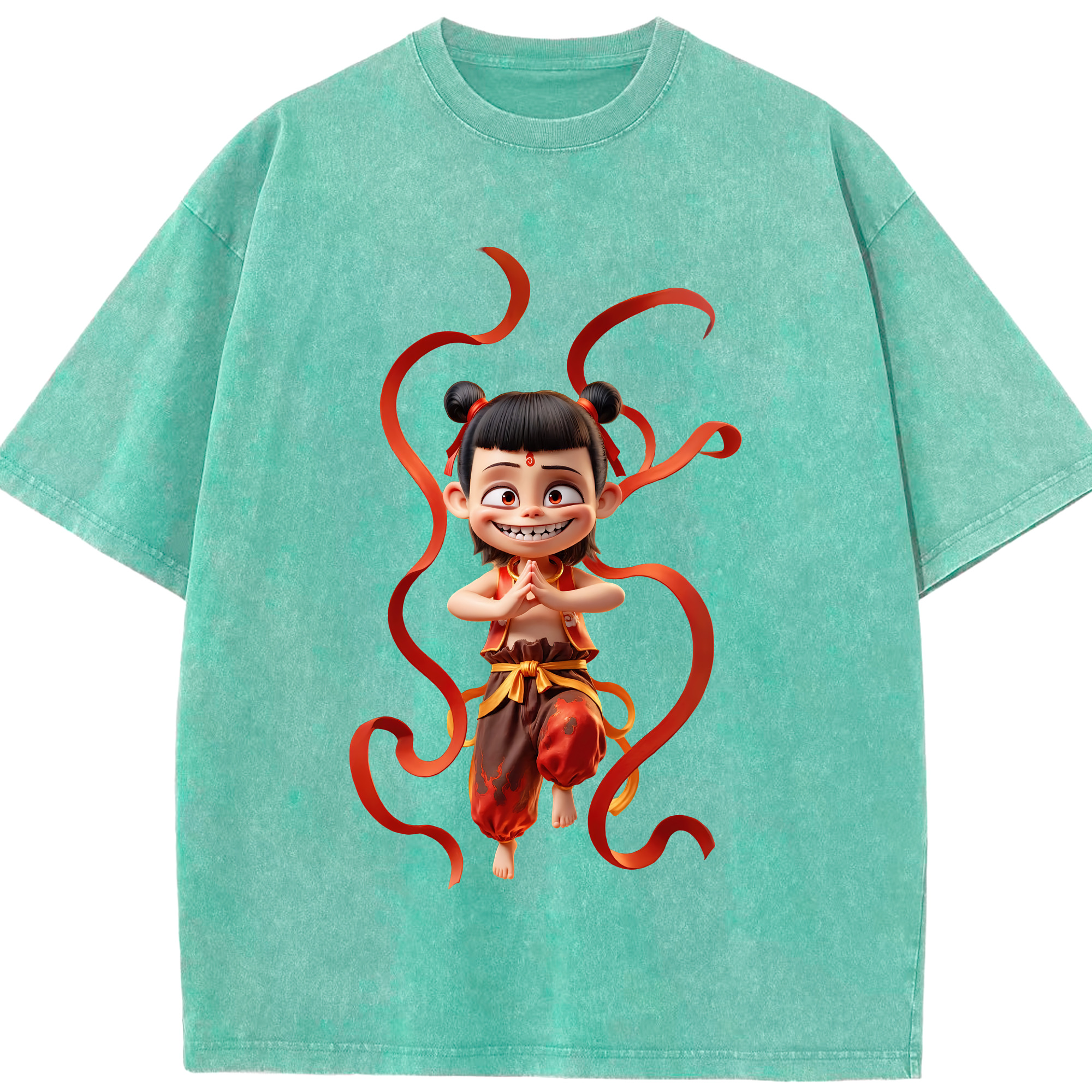 （画像用） Ne Zha 2 ナタ 魔童の大暴れ 綿100% ヴィンテージ風 半袖Tシャツ（フロントプリント）